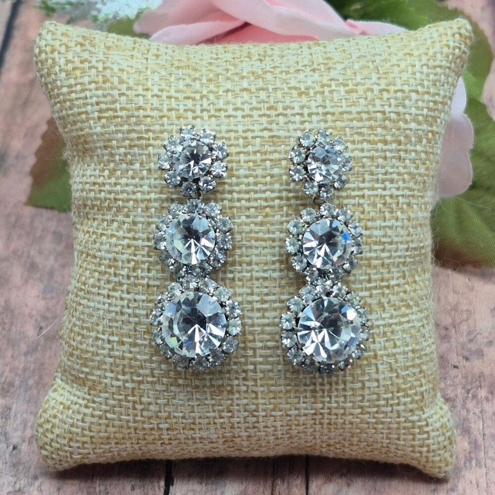 Silver Tone Drop Dangle Clear Crystal Statement Earrings Prom Formal Event 1.5"